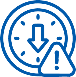 Clock icon with a downward arrow and a warning triangle with an exclamation mark.
