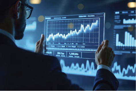 Businessman in glasses analyzing upward trending graphs on transparent digital display.