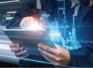 Person using tablet with digital hologram of oil refinery or industrial plant above it.