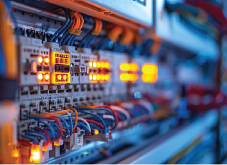 Close-up of electrical control panel with illuminated switches and colorful wiring.