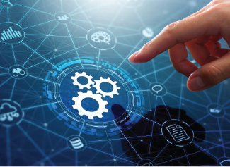 A hand poised to touch a digital interface with interconnected gear icons symbolizing technology and automation.