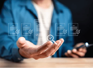 Person holding a smartphone with checking icons and document symbols floating above their hand.