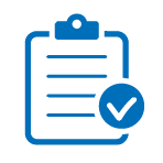 Blue clipboard with lines and a checkmark icon on the bottom right.