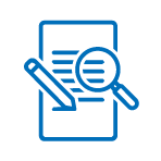 Blue icon of paper with text lines, pencil, and magnifying glass for editing and reviewing.