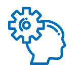 Blue outline of a human head with a gear symbolizing thinking or problem solving.