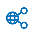 Blue globe icon connected to two nodes, symbolizing global network or sharing.