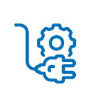 Blue icon of a hand truck with a gear and electric plug symbolizing technical support or electrical service.