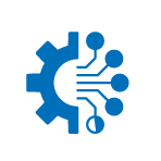 Icon of a half gear merged with a digital circuit pattern representing technology and innovation.