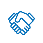 Blue icon of two hands shaking in a handshake gesture.