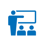 Icon of a person teaching two seated people in front of a board.