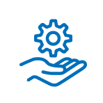 Blue line icon of a hand holding a gear representing support or settings.