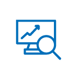 Blue line graph with upward trend displayed on a monitor with a magnifying glass.