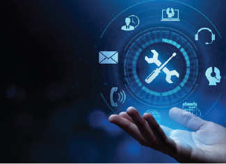 Hand holding glowing digital icons representing support and communication services.