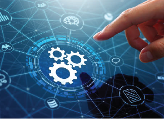 Hand pointing at digital interface with interconnected gear icons symbolizing system integration.