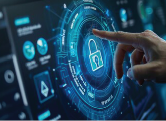 Hand pointing at digital interface with a glowing padlock icon representing cybersecurity.