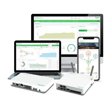 Insight Cloud energy management displayed on desktop, laptop, smartphone with two white network devices.