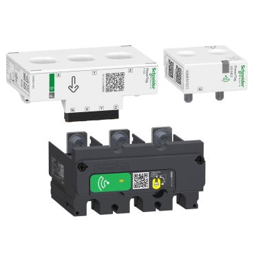 Black Schneider Electric PowerTag energy monitor with two white sensor modules against white background.