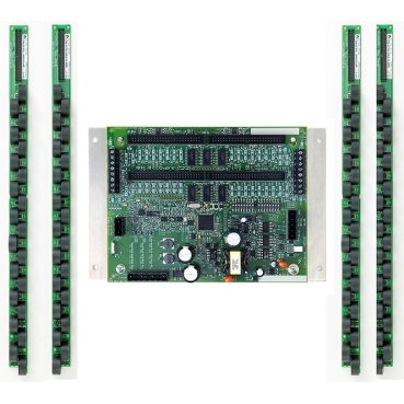 Green printed circuit board with multiple chips and electronic components, flanked by four long circuit strips.