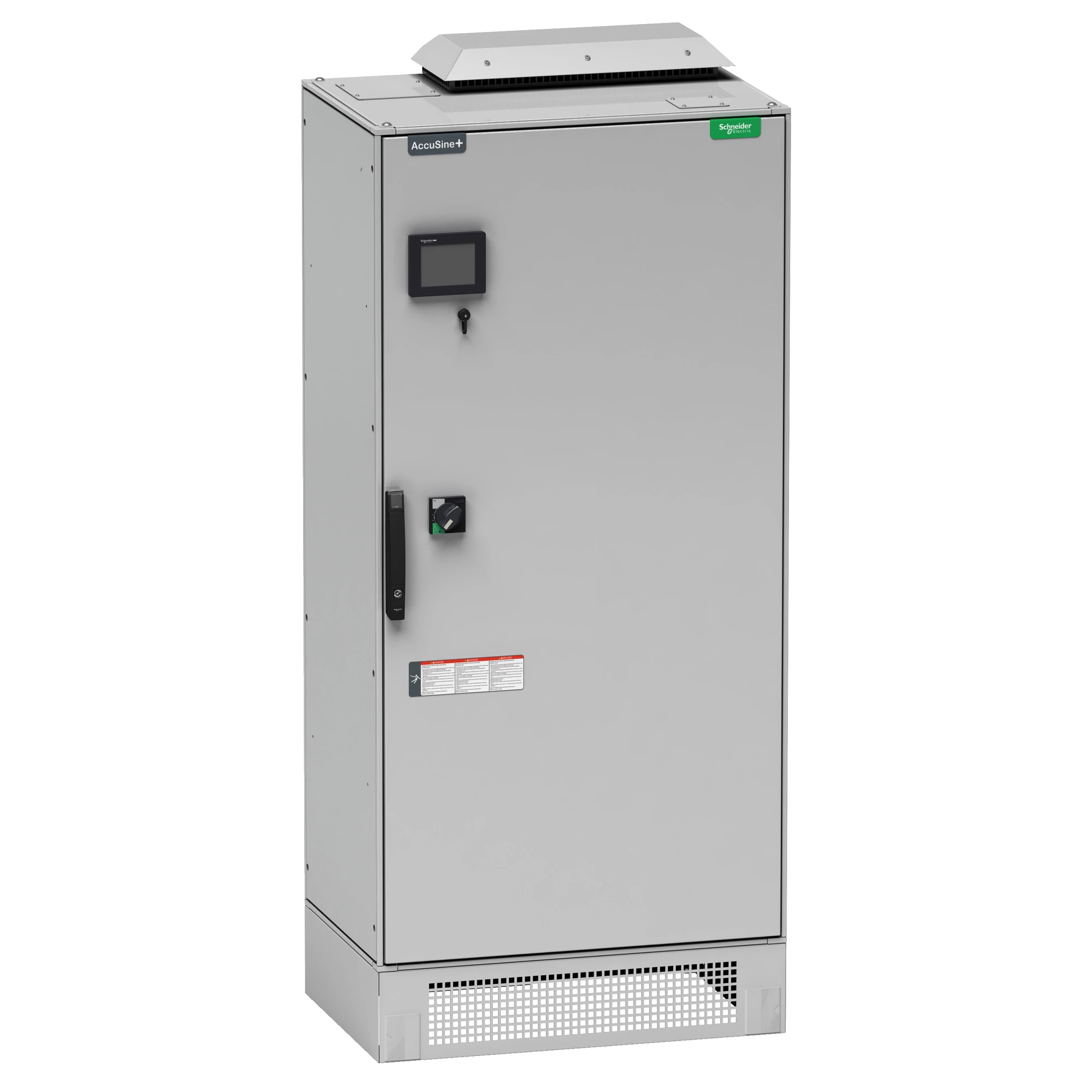 Schneider Electric AccuSine+ industrial electrical equipment cabinet with control panel and ventilation grille.