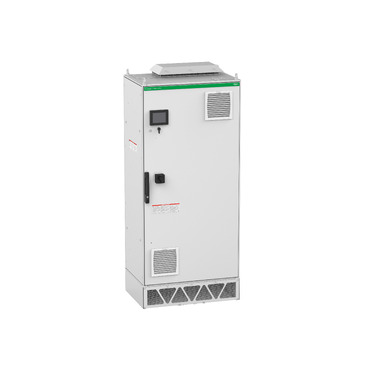 Tall white electrical control panel cabinet with ventilation grilles on door and base.