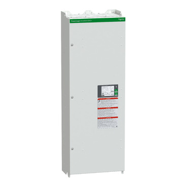 Tall gray electrical enclosure panel with labels and indicators on front, used for power surge control.