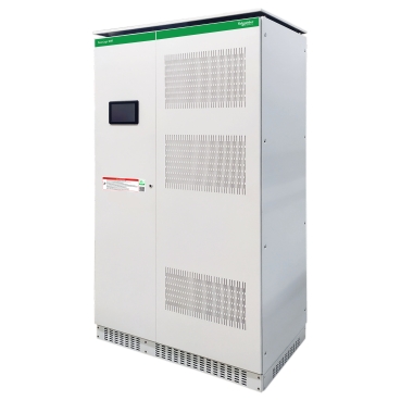 Tall white industrial equipment cabinet with ventilation panels and a small display screen.