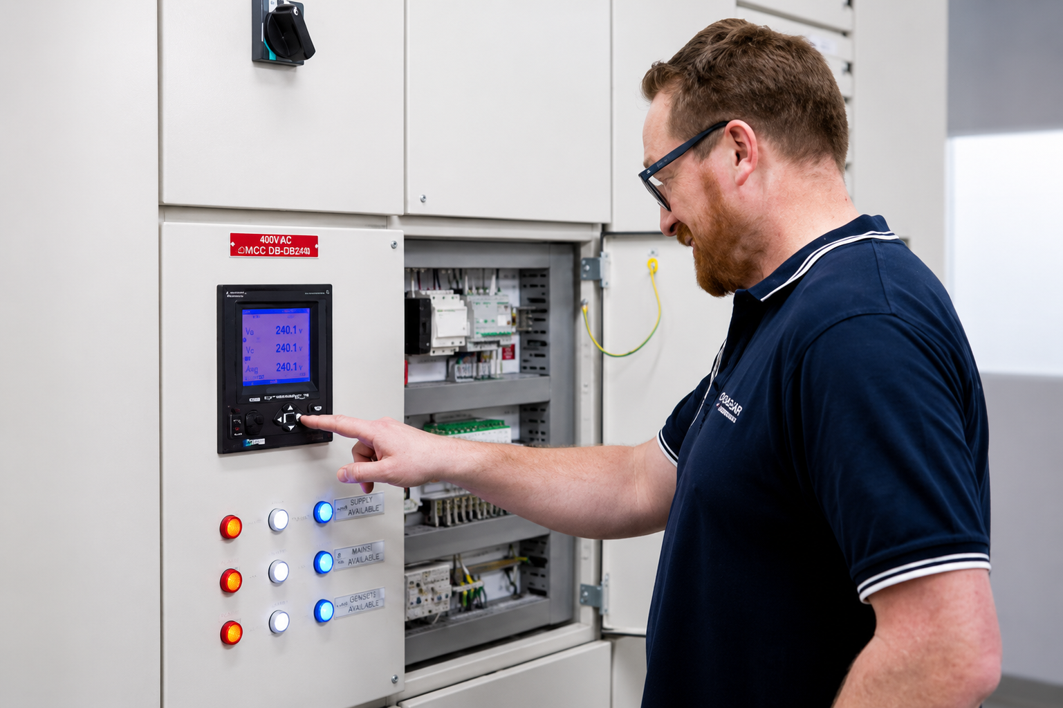 Man wearing glasses and navy shirt operates controls on an electrical panel with lit indicators.