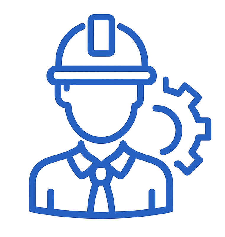 Blue line icon of an engineer wearing a hard hat with a gear behind them.