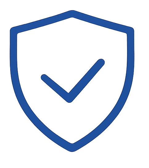 Blue shield outline with a check mark inside symbolizing security or protection.