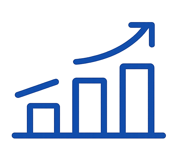 Bar chart with three bars increasing in height and an upward arrow above them.