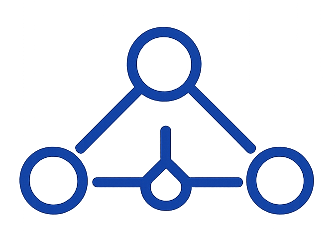 Blue network diagram with four connected circular nodes on a transparent background.