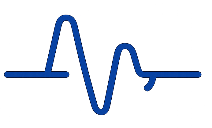 Blue heartbeat line with peaks and a downward curve ending in a flat line.