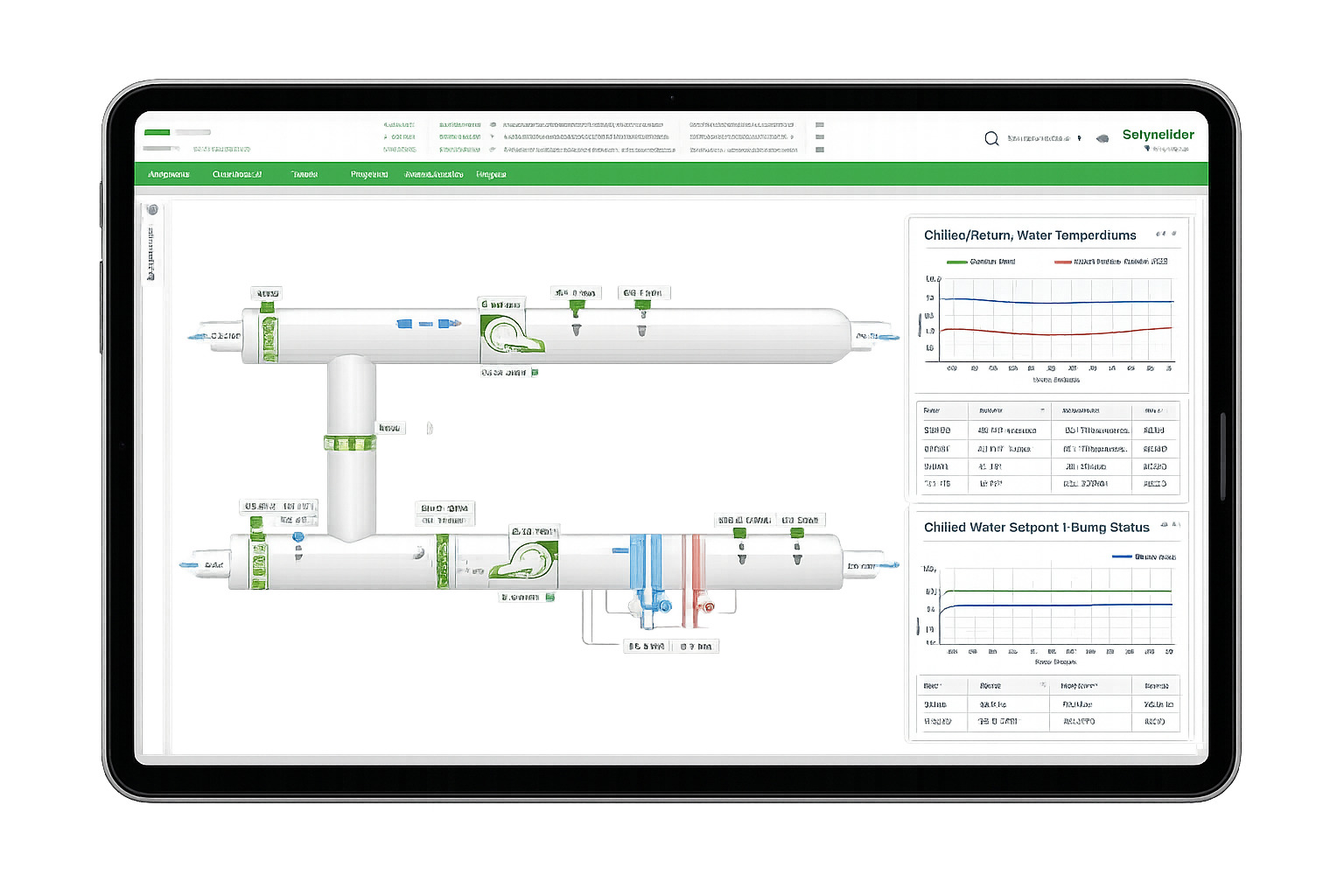 Tablet screen showing a piping system diagram with temperature graphs and status tables on the right side.