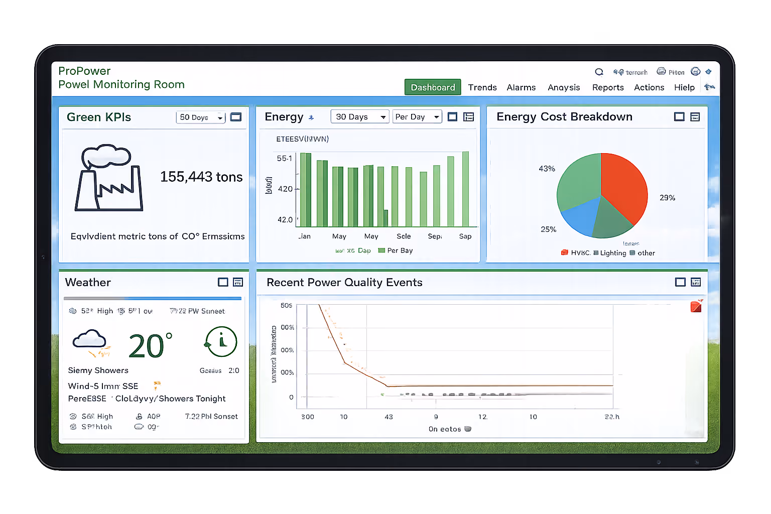 Energy dashboard showing CO2 emissions, energy use, cost breakdown, weather, and power quality events charts.