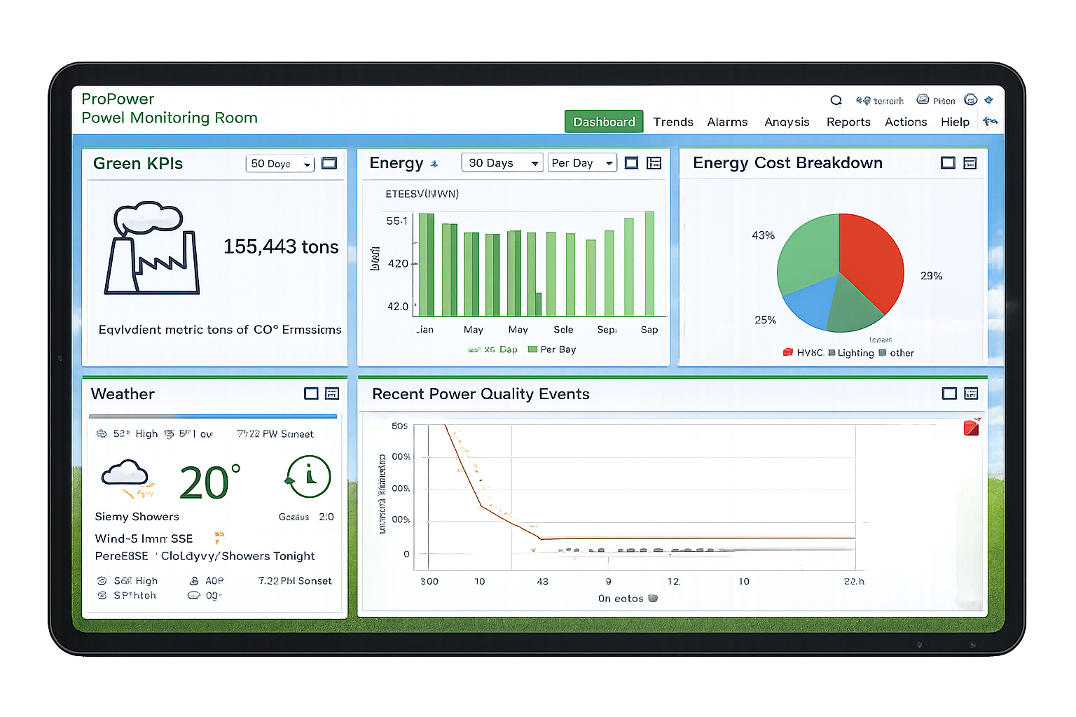Energy dashboard showing CO2 emissions, energy use, cost breakdown, weather, and power quality events charts.