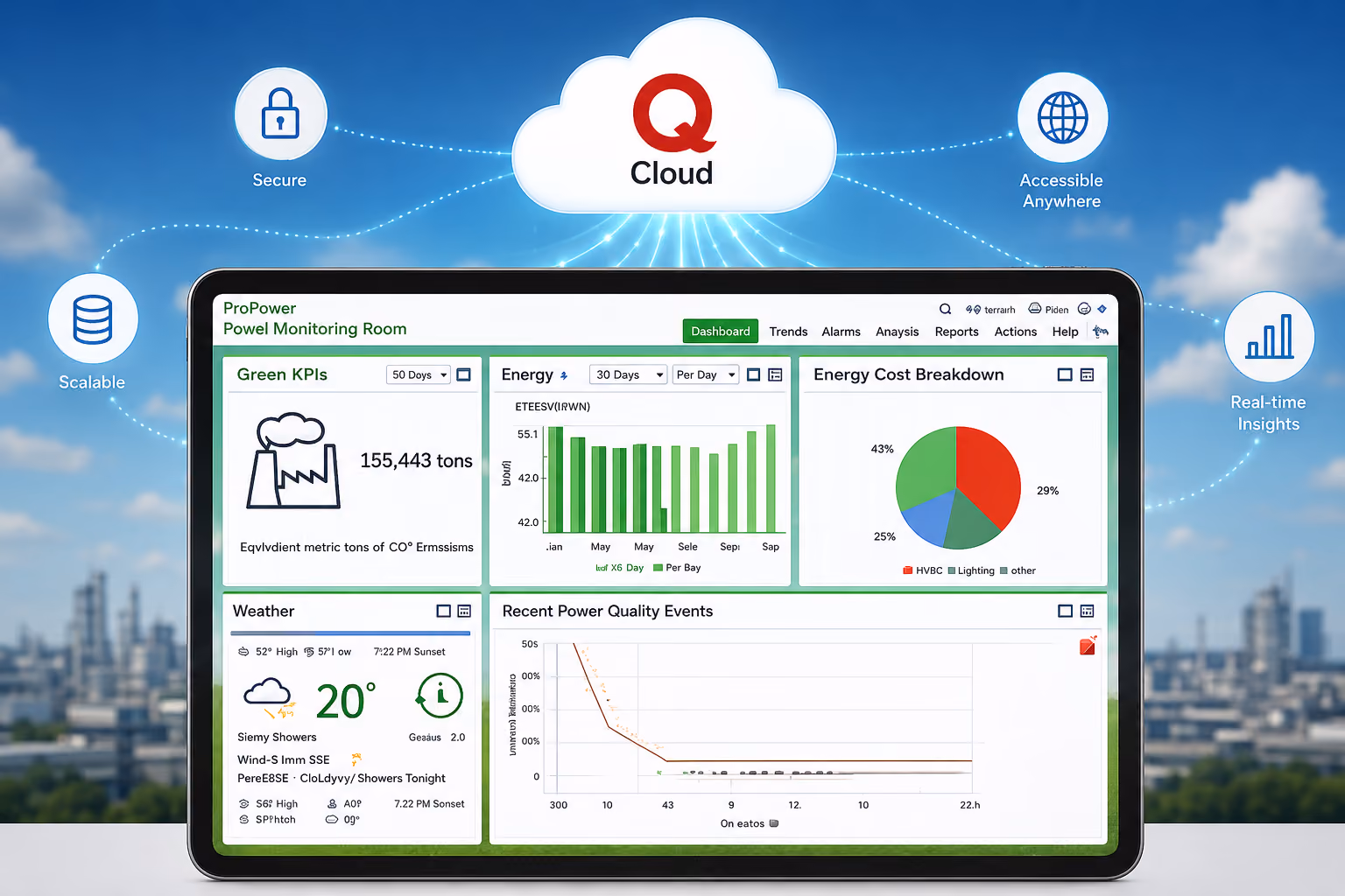 Tablet showing Q Cloud dashboard with KPIs, energy graphs, and power quality events, under a blue sky.