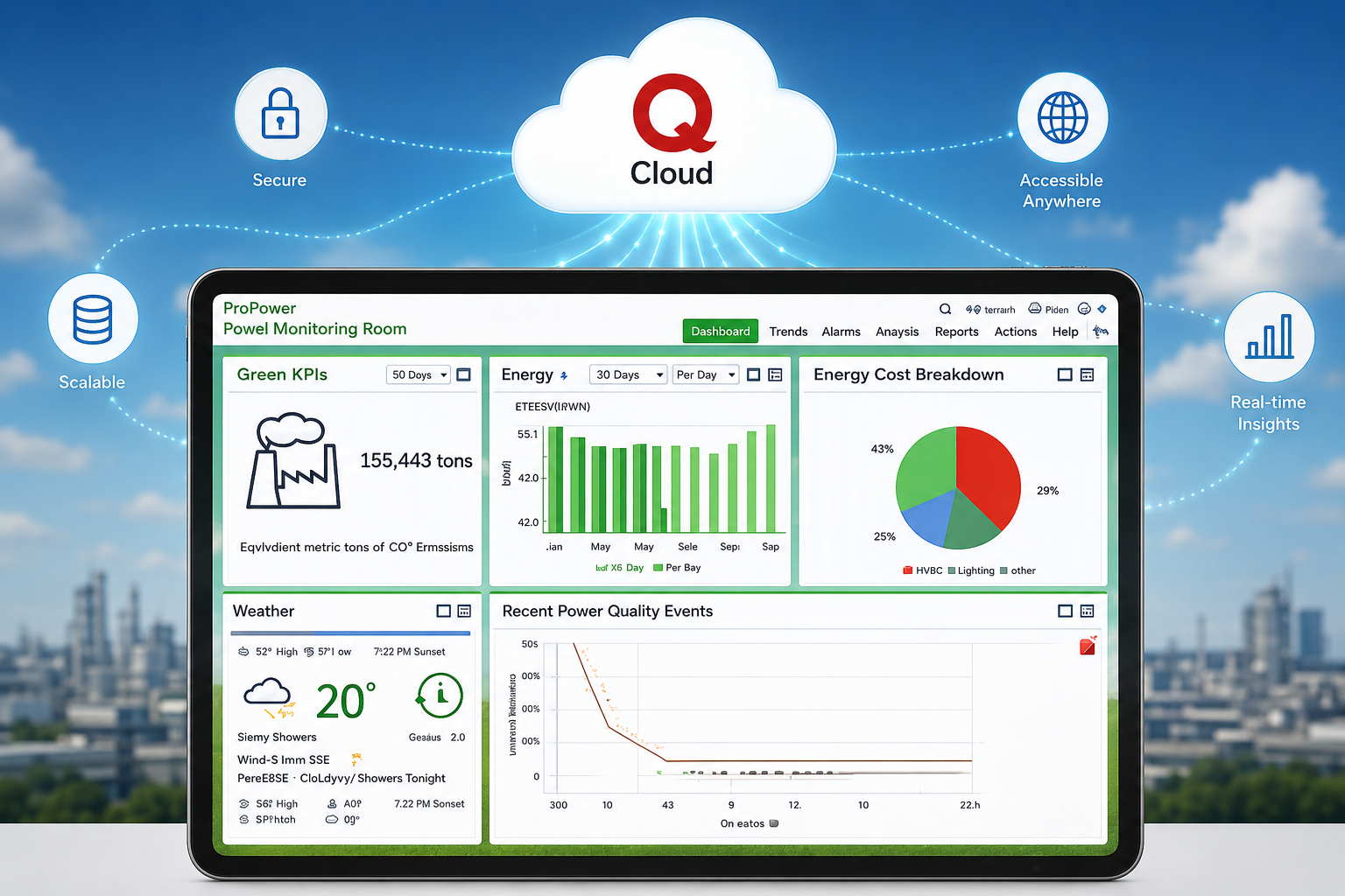 Tablet showing Q Cloud dashboard with KPIs, energy graphs, and power quality events, under a blue sky.
