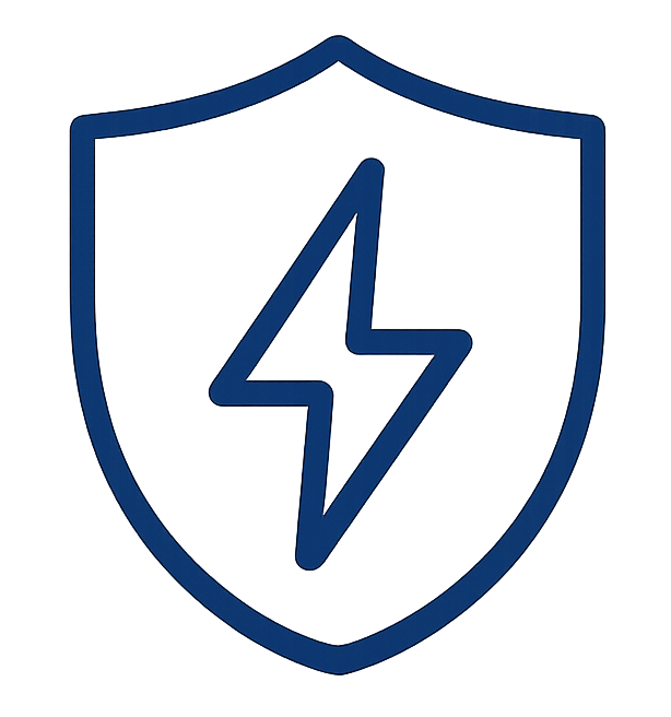 Blue shield outline with a lightning bolt symbol in the center representing electrical protection.