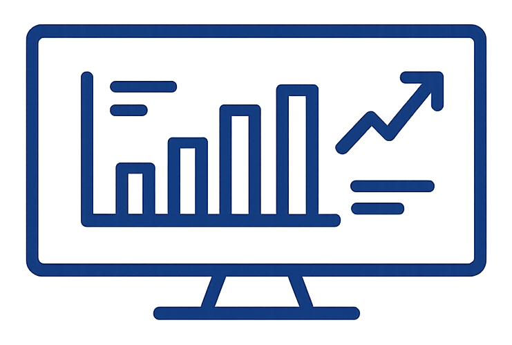 Computer monitor displaying a bar chart and an upward trending arrow graph icon in blue outline.