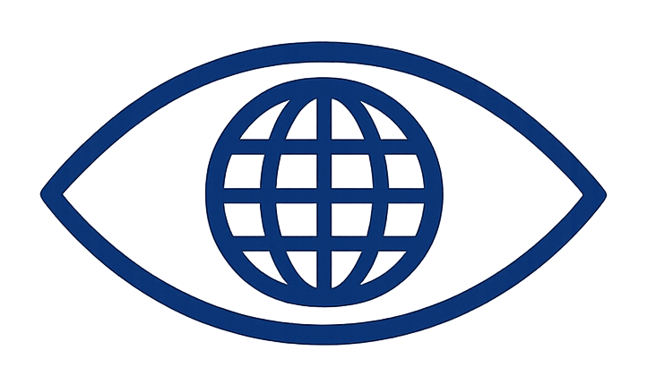 Blue outline of an eye with a globe grid inside as the iris.