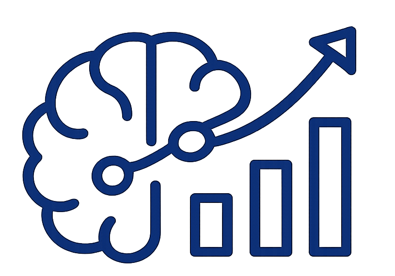 Outlined brain with a rising bar chart and upward arrow indicating growth or improvement.