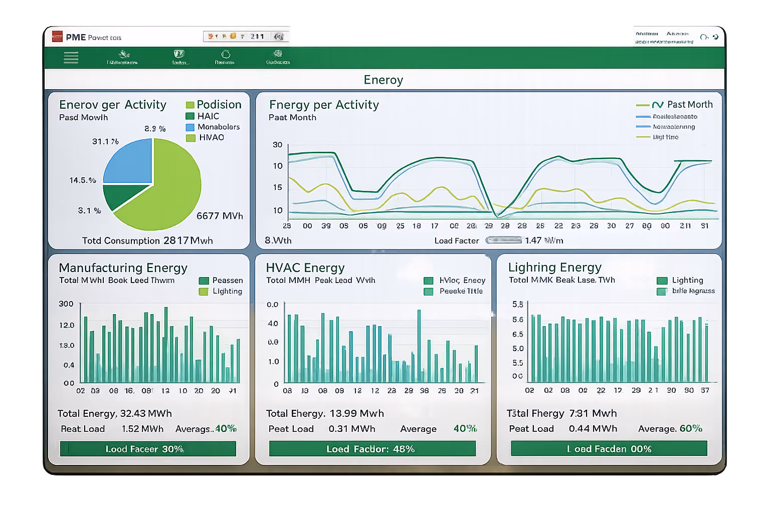 Dashboard showing energy use with pie, line, and bar charts for activity, manufacturing, HVAC, and lighting energy data.