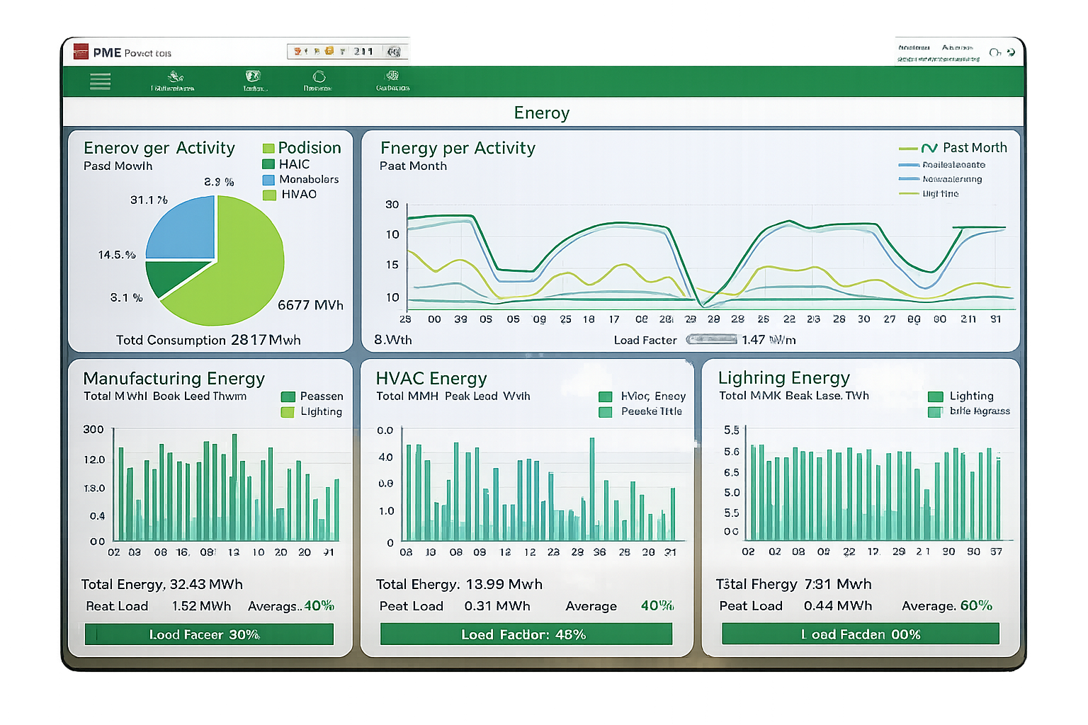 Dashboard showing energy use with pie, line, and bar charts for activity, manufacturing, HVAC, and lighting energy data.