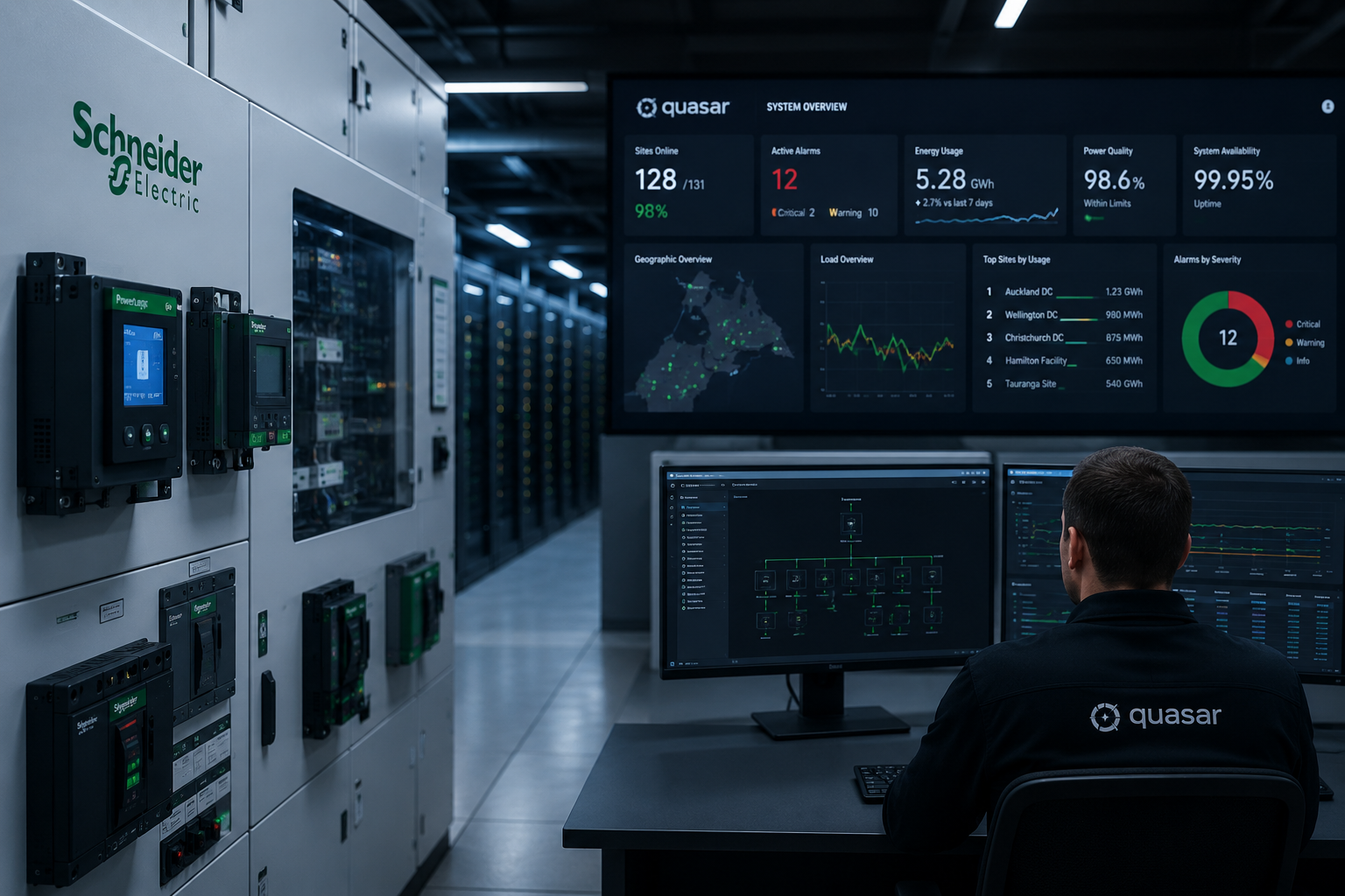 Technician monitoring data center power and system status on multiple screens in a control room.