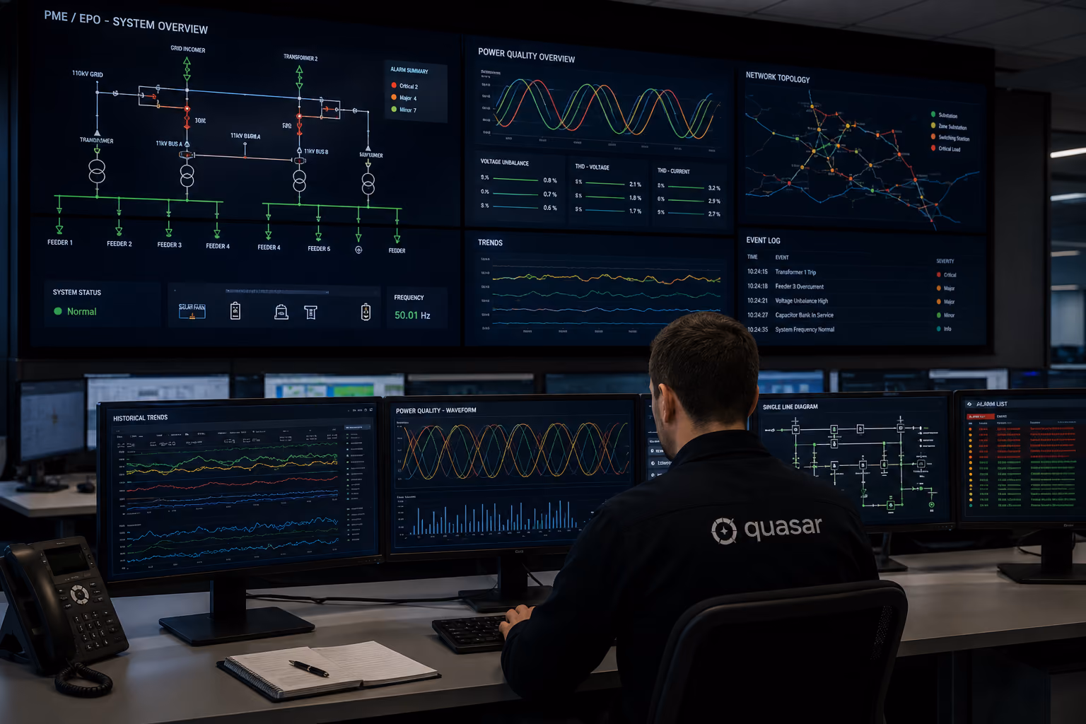Man monitoring multiple screens showing power grid data, trends, network topology, and alerts.