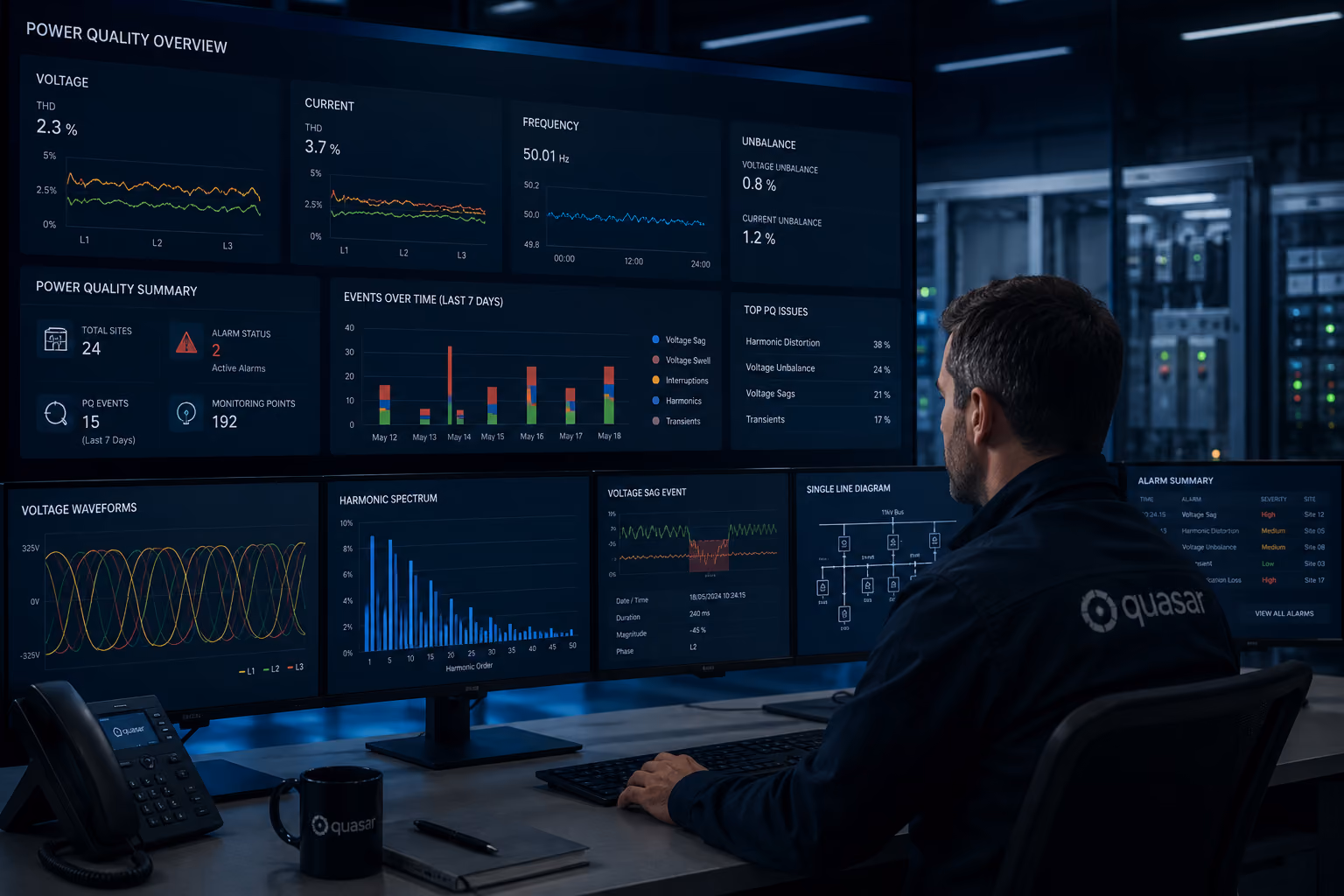 Man in Quasar jacket monitors power quality analytics with multiple charts and graphs on large screens.