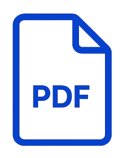 Blue icon of a document with folded corner and letters PDF in the center.