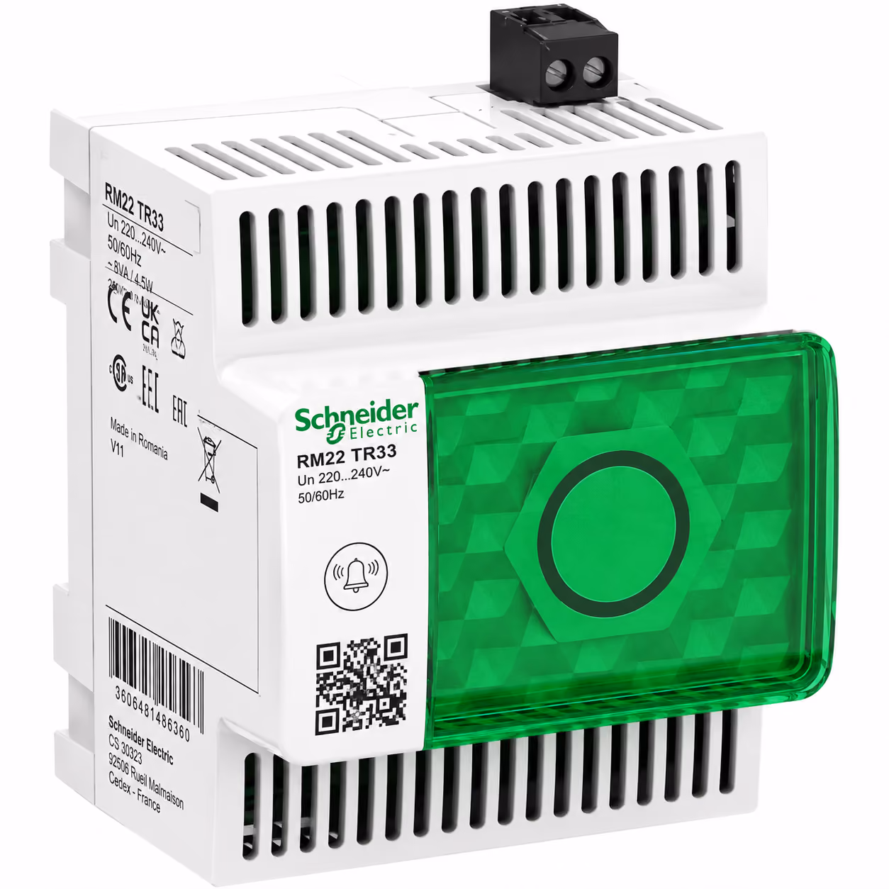 Schneider Electric RM22 TR33 device with green indicator light and ventilation slots.