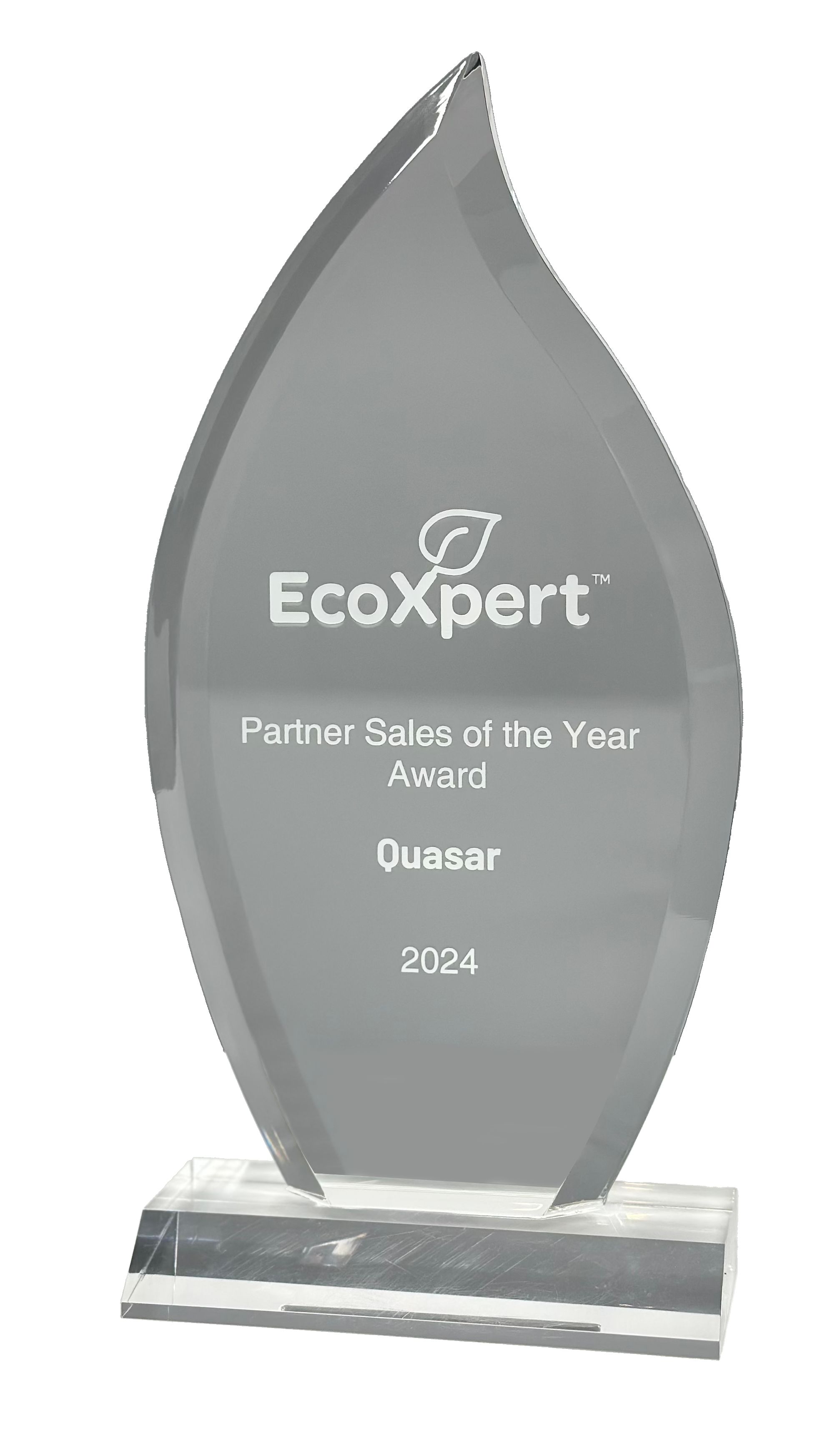 EcoXpert Partner Sales of the Year Award 2024 presented to Quasar on a clear glass trophy.