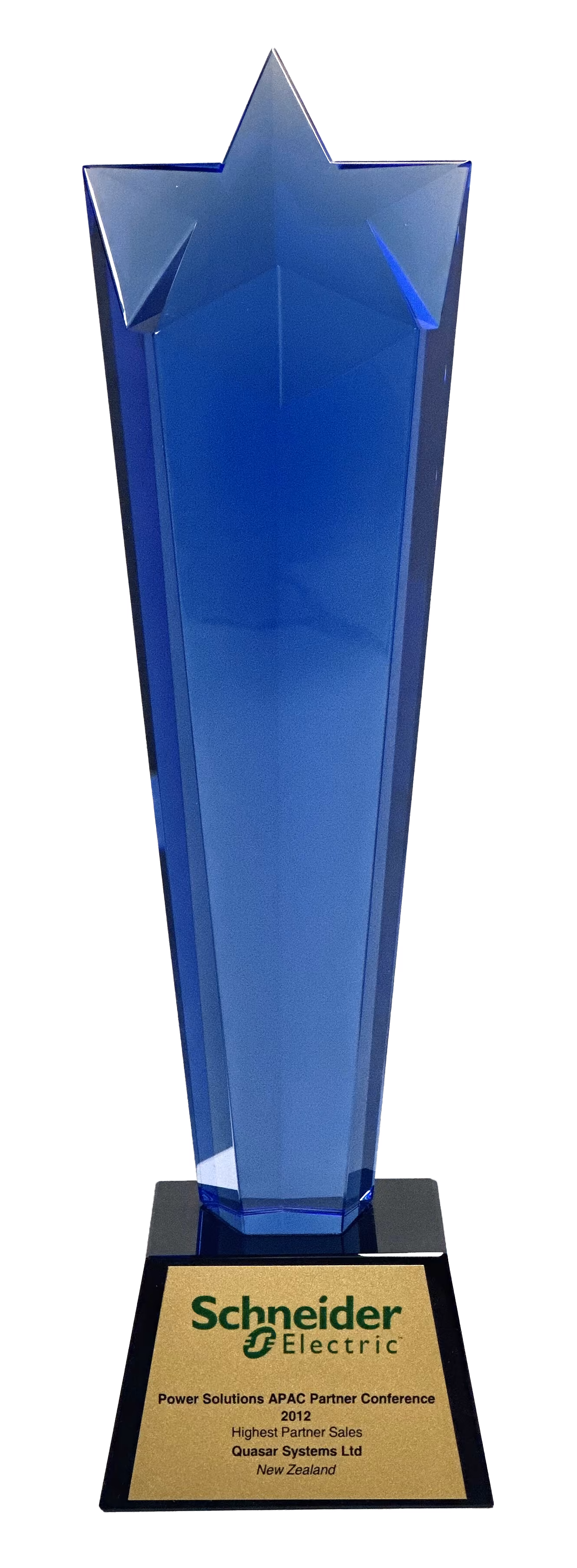 Blue star-shaped trophy on black base awarded by Schneider Electric to Quasar Systems Ltd in 2012.
